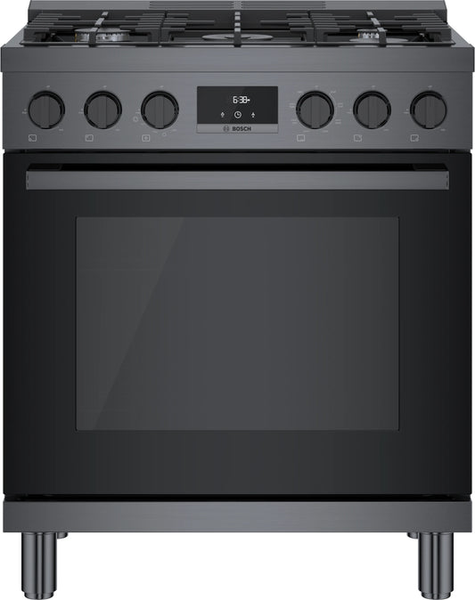 Bosch 800 Series  HDS8045U 30 Inch Dual Fuel Range 5 Sealed Burners, 3.9 cu. ft. Oven, European Convection, Heavy Duty Metal Knobs, Double Ring Burner , Black Stainless Steel New Open Box