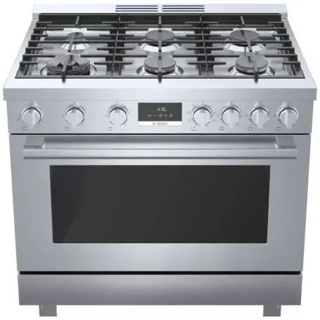 Bosch 800 Series  HDS8655U 36 Inch Freestanding Dual Fuel Range 6 Sealed Burners, 3.7 cu. ft. Oven, European Convection, Dampened Hinges, Double Ring Burner