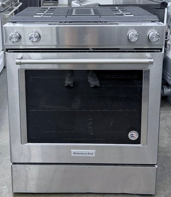 30 Inch KitchenAid  KSDG950ESS  Downdraft Slide In Dual Fuel Gas Range , 4 Sealed Burners, 17,000 BTU, 6.4 cu. ft. Convection Oven, Built-in Downdraft Ventilation Glass Touch Controls , Stainless Steel , New Open Box ,  222100