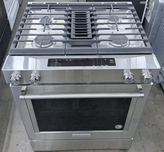 30 Inch KitchenAid  KSDG950ESS  Downdraft Slide In Dual Fuel Gas Range , 4 Sealed Burners, 17,000 BTU, 6.4 cu. ft. Convection Oven, Built-in Downdraft Ventilation Glass Touch Controls , Stainless Steel , New Open Box ,  222100