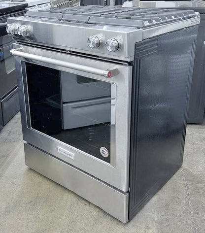 30 Inch KitchenAid  KSDG950ESS  Downdraft Slide In Dual Fuel Gas Range , 4 Sealed Burners, 17,000 BTU, 6.4 cu. ft. Convection Oven, Built-in Downdraft Ventilation Glass Touch Controls , Stainless Steel , New Open Box ,  222100