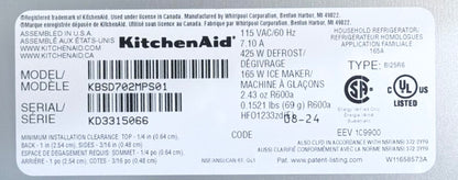 42 Inch KitchenAid  KBSD702MPS Built-In Side-by-Side Refrigerator 25.1 cu. ft., 4 Shelves, Sliding Tray, ExtendFresh™ Temp System, Exterior Ice Water Dispenser, ENERGY STAR, Star-K: Stainless Steel PrintShield Finish , New Open Box , 222103