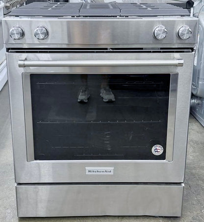 30 Inch KitchenAid  KSDG950ESS  Downdraft Slide In Dual Fuel Gas Range , 4 Sealed Burners, 17,000 BTU, 6.4 cu. ft. Convection Oven, Built-in Downdraft Ventilation Glass Touch Controls , Stainless Steel , New Open Box ,  222100
