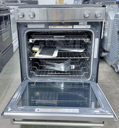 30 Inch KitchenAid  KSDG950ESS  Downdraft Slide In Dual Fuel Gas Range , 4 Sealed Burners, 17,000 BTU, 6.4 cu. ft. Convection Oven, Built-in Downdraft Ventilation Glass Touch Controls , Stainless Steel , New Open Box ,  222100