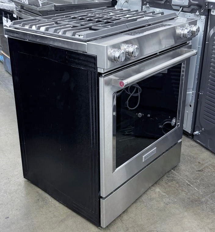 30 Inch KitchenAid  KSDG950ESS  Downdraft Slide In Dual Fuel Gas Range , 4 Sealed Burners, 17,000 BTU, 6.4 cu. ft. Convection Oven, Built-in Downdraft Ventilation Glass Touch Controls , Stainless Steel , New Open Box ,  222100
