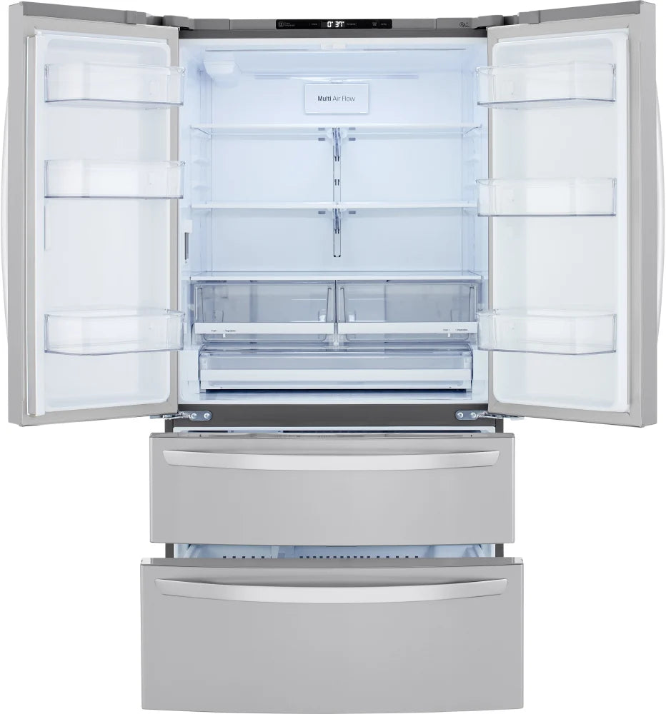 LG  LMWS27626S 36 Inch 4 Door French Door Refrigerator 26.9 Cu. Ft., Double Freezer Drawers, Internal Water Dispenser, Smart Cooling, Door Alarm, SpillProof Adjustable Shelves, Humidity Controlled Crispers, and Energy Star Qualified , 101223