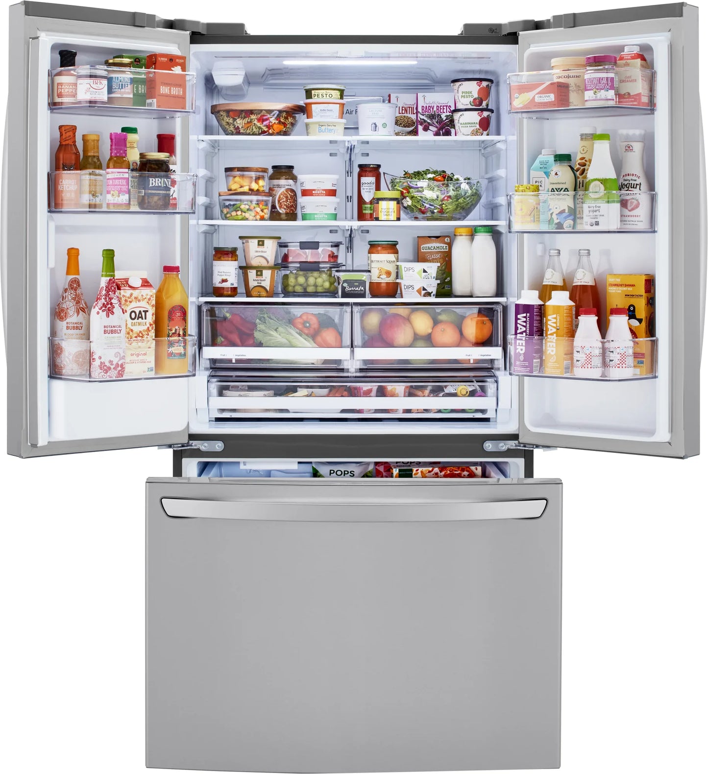 LG  LRFWS2906S 36 Inch 3 Door French Door Refrigerator 29 Cu. Ft., Tempered Glass Shelves, Smart Diagnosis, Ice Maker, External Water Dispenser, Energy Star,  Print Proof Stainless Steel , 444126