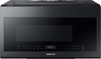 Samsung ME21M706BAG 30 Inch Over the Range Microwave Hood 2.1 Cu. Ft., 4-Speed 400 CFM, Ceramic Enamel Interior, Glass-Touch Controls, Cooktop Lighting, Child Lock, Fingerprint Resistant Black Stainless Steel, 369429