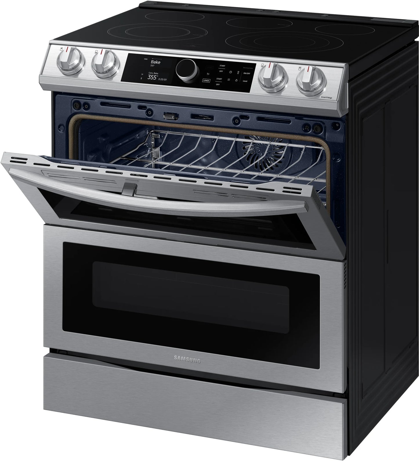 Samsung 30 Slide-In Electric Smart Range NE63T8751SS,5-Element Cooktop,Dual Oven,6.3 Cu. Ft.,Storage Drawer, Air Fry, Convection,Self + Steam Clean,Smart Dial,Flex Double,Wi-Fi,Voice-Enabled,Express Boil,CSA,Star-K,ADA,Stainless Steel,Steam,New,999131