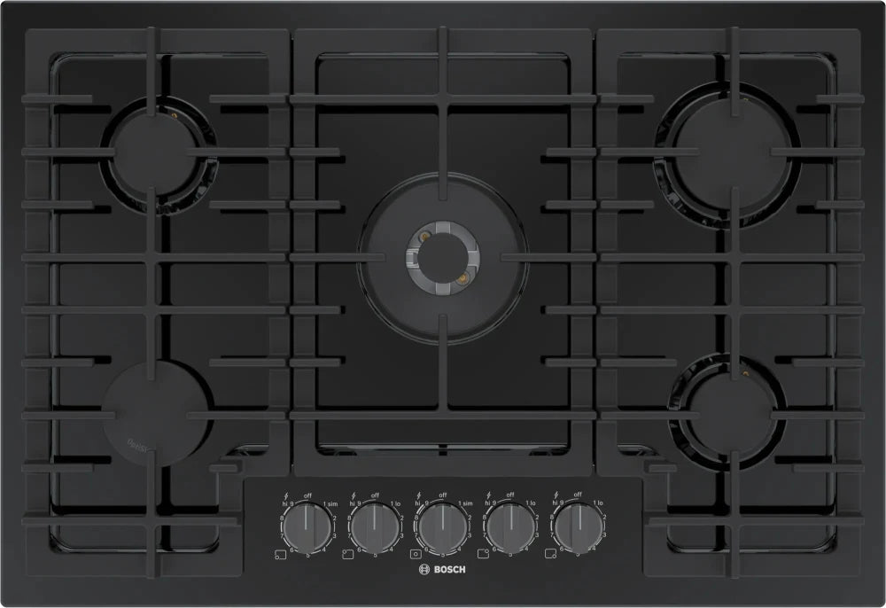 Bosch 800 Series NGM8048UC 30 Inch Gas Cooktop 5 Sealed Burners Cast Iron Continuous Grates, Dual-Ring Power Burner, OptiSim Burner, FlameSelect Control Knob + Light Indicator ADA, 369444