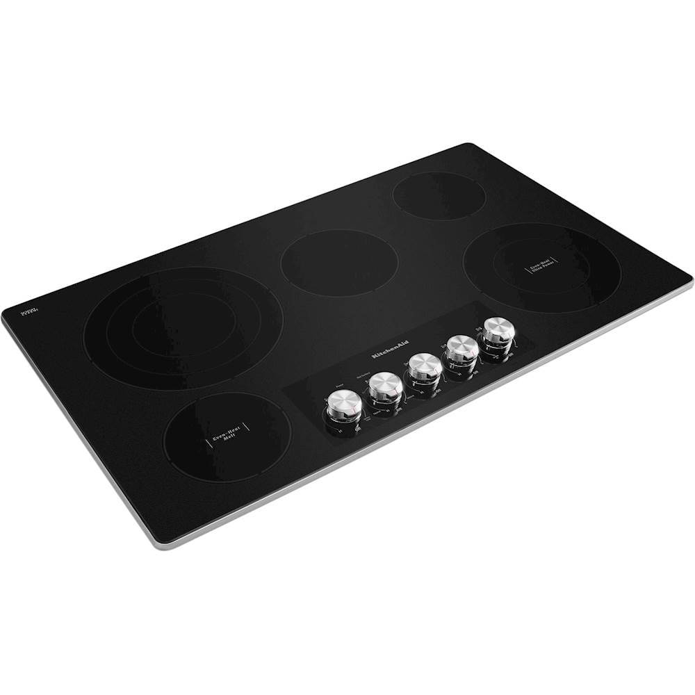 KitchenAid 36 Inch Electric Cooktop KCES556HSS 5 Radiant Elements,Glass Cooktop,Even-Heat Ultra power Element,Even-Heat Melt Element,Triple-Ring Element,Hot Surface indicator,Control Lock,Metal Control Knobs,ADA,Stainless Steel,888482