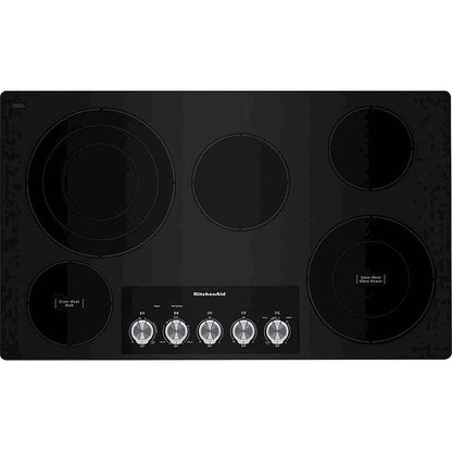 KitchenAid 36 Inch Electric Cooktop KCES556HSS 5 Radiant Elements,Glass Cooktop,Even-Heat Ultra power Element,Even-Heat Melt Element,Triple-Ring Element,Hot Surface indicator,Control Lock,Metal Control Knobs,ADA,Stainless Steel,888482
